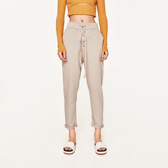 EUC Zara taupe beige self tie jogger track pants, L - Picture 2 of 5